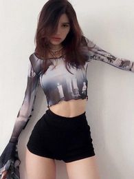 Women's T Shirts Aesthetic Flare Sleeve Crop Top O-neck Print Sexy Streetwear See Through Clothes Gauze Y2k Accessories