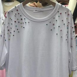 Women's T Shirts Cotton Colorful Diamonds Short Sleeve Tshirt For Women Loose Casual T-shirt 2024 Spring Summer Mid-length Tops Tees