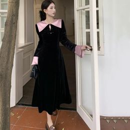 Casual Dresses Korean Elegant Ladies Long Dress Women's Black Velvet Sleeve Fashion Temperament Colorblocking Party Evening