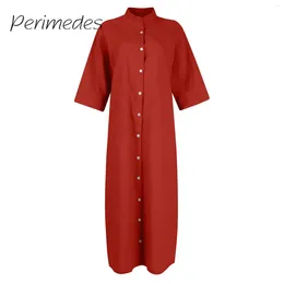 Casual Dresses Women'S Loose Dress 2024 Vintage Solid Colour Medium Sleeved Cotton Linen Button Shirt Autumn Fahion Vestidos