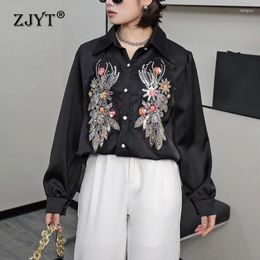 Women's Blouses ZJYT Beading Sequined White Satin Blouse For Womens Elegant Long Sleeve Korean Style Loose Shirt Tops Casual Daily Office