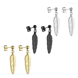 Stud Earrings Fashion Punk Stainless Steel Feather Pendant For Women Girls Geometric Charms Ear Jewelry Party Gifts