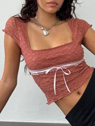 Women's Tanks Women S Lace Crop Tops Short Sleeve Square Neck Tie-up Front Slim Fit T-Shirts Aesthetic Clothes