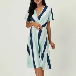 Maternity Dresses Fashionable Pregnant Womens Dress Casual Short sleeved V-neck Stripe Printed Line Loose Beach Sun Q240427
