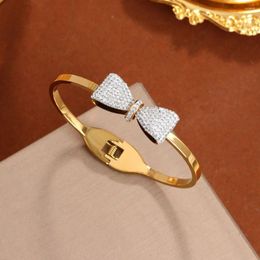 Bangle Inlaid Zircon Bow For Women Fashion Stainless Steel Gold Plated Spring Buckle Cuff Bracelets Jewelry Gifts Girlfriend