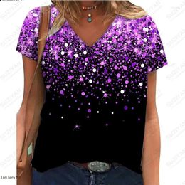 Women's T Shirts Short Sleeve V-Neck Casual Loose Large Sequin Pattern T-shirt 2024 Selling Street 3D Printing