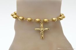 Hip Hop Jewelry 14K Gold Plated Rosary Bead Bracelet Stainless Steel with Jesus Charms Pendant Link Chain Religion Female Pulseira8716977