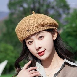 Berets Women Fixed Pleated Paper Straw Beret Summer Milk Silk Knit Breathable Big Artist Fashion Sboy Hat