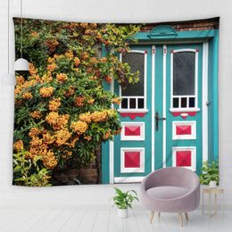 Tapestries European Town Building Tapestry Door Front Flower Trumpet Landscape Printing Room Bedroom Home Decor Background Wall Hanging