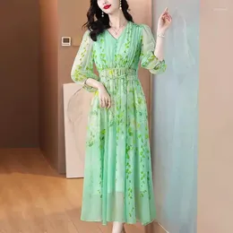 Casual Dresses Green Printed Women's Summer Dress 2024 French Waist Slim Gentle Style Fashionable Mulberry Silk Elegant Vestidos K678