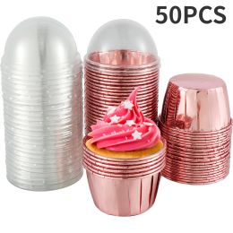 Moulds 50Pc Foil Cupcake Liners with Lids Heat Resistant 5.5oz Aluminum Cake Cups Round Foil Baking Cups Kitchen Wedding Party Supplies