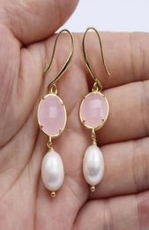 GuaiGuai Jewelry Natural Pink Glass Crystal White Rice Pearl Gold Plated Hook Earrings Handmade For Girls8605401