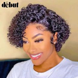 Synthetic Wigs Short Bob wig Pixie cut curly womens hair 13x1 lace front transparent deep wave pre inserted clip Q240427