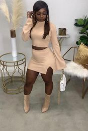 Work Dresses RMSFE 2024 Spring And Autumn Women Fashion Long Sleeve Round Neck Solid Color Casual Slit Skirt Sexy Two Piece Dress Set