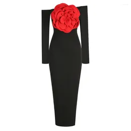 Casual Dresses Style Women Long Sleeve Sexy Off The Shoulder Red Florals Bodycon Maxi Dress Fashion Elegant Evening Party