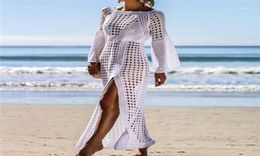 Sarongs 2021 Crochet White Knitted Beach Cover Up Dress Tunic Long Bikinis Ups Swim Beachwear16053630