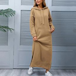 Casual Dresses Women Sweatshirt Dress Solid Colour Drawstring Long Sleeve Pullover Hoodie Autumn Winter Front Pocket Side Split Maxi
