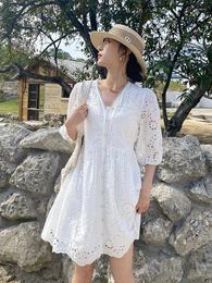 Casual Dresses Embroidery Hollow Out White Puff Sleeve Cotton Summer Dress V-Neck Elegant Short For Women