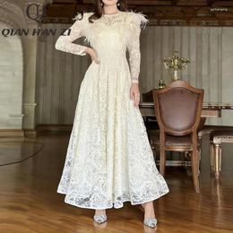 Casual Dresses QHZ Designer Fashion Vintage Lace Long Dress Women's Sleeves Hollowed Out Embroidery Feather Slim Elegant White Maxi