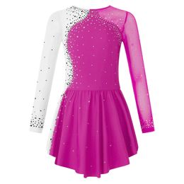 Girls Figure Ice Skating Dress Gymnastics Dance Ballet Tutu Leotard Costume Long Sleeve Rhinestone Mesh Splice Dress Dancewear 240412