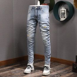 Men's Jeans Street Fashion Men Retro Light Blue Vintage Stretch Skinny Ripped Patched Designer Hip Hop Denim Pants Hombre