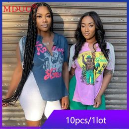 Women's T Shirts 10pcs Bulk Items Wholesale Lots For Women Summer Sexy Tassel V-neck Split Print Loose Tops Casual Stretch Tees M13403