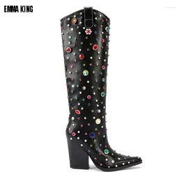 Boots Women Luxury Crystal Cowboy Black Pointed Toe Glitter Knee High Heels Zipper Big Size 44 Designer Shoes