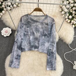 Women's T Shirts Korean Style Tie-dye Long Sleeve T-shirt Women Summer O-Neck Mesh Fabric Loose Thin Rashguard Fashion Short Undershirt Tops