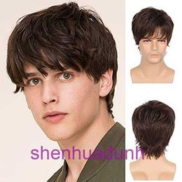 Mens short straight hair brown wig fluffy long bangs synthetic fiber headband Men wigs