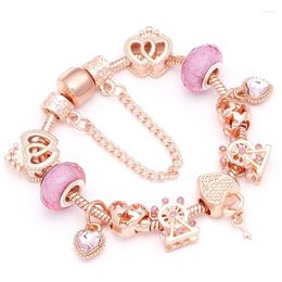 Charm Bracelets Heart & Key Pendant Rose Gold Color Fine Bangles Ferris Wheel Beads Bracelet For Women Jewelry Gift