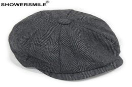 SHOWER Black Grey Wool Hat Man Newsboy Caps Herringbone Tweed Warm Winter Octagonal Hat Male Female Gatsby Retro Flat Caps S10207059044