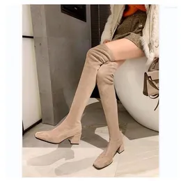 Casual Shoes 2024Nubuck Suede Leather Nude Colour Sexy Lady Over-the-Knee Booties Chunky Square High Heels Women Winter Stretch Boots