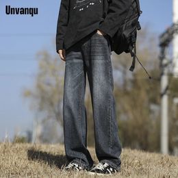 Unvanqu Spring Summer Fashion Street Simple Loose Straight Jeans Mens Casual Wide Leg Pants Jogging Hip Hop Denim Trousers 240412