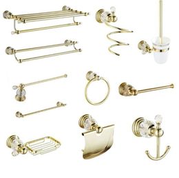 Bath Accessory Set Polished Gold Bathroom Accessories White Crystal Decoration Hardware Solid Brass Double Towel Ring HolderBath3810464