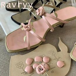 Slippers Retro Handmade Flower Square Toe Mid-heel 2024 Outerwear Sandals Fresh Fairy Open-toed Breathable Stiletto