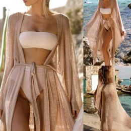 Cover-up Women Summer Shiny Metallic Bikini Swimsuit Cover Up Open Front Tie Waist Sexy Sheer Kimono Cardigan Beach Maxi Dress