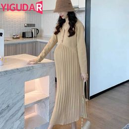 Maternity Dresses Pregnant Womens Wear Spring and Autumn Long sleeved V-neck High Waist Sweet Q240427