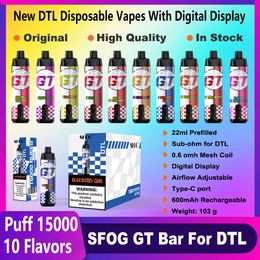 original 15000 puff 15k vapes disposable puff 15000 SFOG GT BAR DTL shisha vaper 22ml pod 600mAh LED digital display vape pen VS elf al fakher 20000 20k 18k 12000 12k