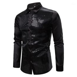 Mens Black Long Sleeve Button Down Dress Shirts 2020 Shiny Sequin Silk Satin Shirt Men Business Party Shirt Male Chemise Homme1258k