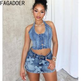 Work Dresses FAGADOER Sexy Bandage Hollow Halter Printing Denim Skirts Two Piece Sets Women V Neck Sleeveless Backless Top And Outfits