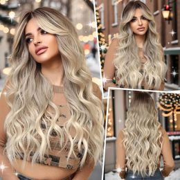 Synthetic Wigs Golden haired unicorn Ombre brown blonde synthetic wig long wave wig with bangs daily role-playing party using heat-resistant fibers for women Q240427