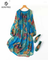 Casual Dresses BirdTree Real Silk Elegant Party Women's Lantern Sleeve Printed Beach Vacation Dress 2024 Summer D44796QC