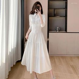 Party Dresses Elegant French Spring White Shirt Dress Chic Fashion Women Lapel Single Breasted Half Sleeve Back Lace Up Slim Office Long
