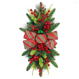 Decorative Flowers Christmas Simulation Garland With Light String Winter Xmas Wreaths Swag Gleamy Wall Window Hanging Ornament For Party