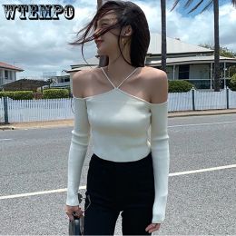 Skirts&Skorts Women Crop Sweater Sexy Off The Shoulder Slim Knitted Sweaters Long Sleeve Pull White Black Top Autumn Vintage Fashion Pullover