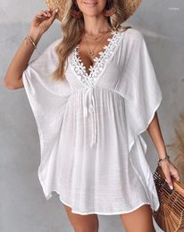 Casual Dresses Women's Dress Summer Vacation Beach Solid Colour Contrast Lace Plunge Tied Detail Batwing Half Sleeve Cover Up Mini