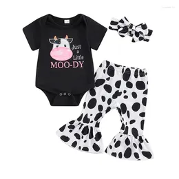 Clothing Sets Born Baby Girl Summer Outfits Just A Little Moody Cow Short Sleeve Romper Flared Pants Headband 3Pcs Clothes Set