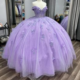 Lavender Quinceanera Dresses Applique Beaded 3D Flowers Off Shoulder Ball Gown Vestidos De 15 Anos Sweet 16 Birthday Party Fiesta