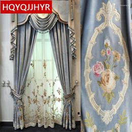 Curtain Top European Luxury Light Blue Velvet Embroidered Curtains For Villa Living Room Upscale El Bedroom Window Decoration