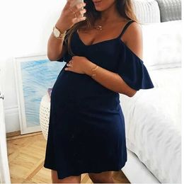 Maternity Dresses 2023 Womens Pregnant Evening Dress Solid Ruffled Shoulder Mini Photography Summer Clothing Q240427